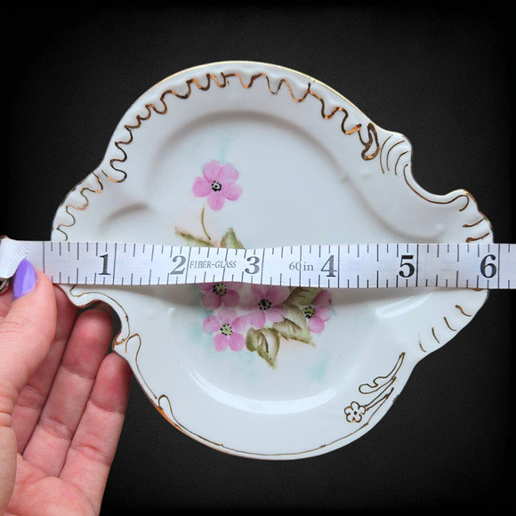 1940s Vintage Japan Porcelain Trinket Dish Hand-Painted Floral Gold Trim 6” x 5” - Picture 11 of 12